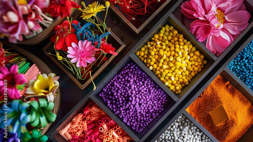 Poster overhead view of a colorful floral arrangement with various shapes and textures