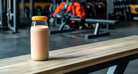 Fresh protein shake in a sports bottle on a gym bench, surrounded by workout gear, symbolizing fitness and recovery.