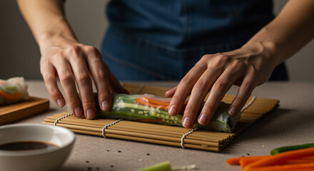 Hands rolling fresh vegetable spring roll on bamboo mat
