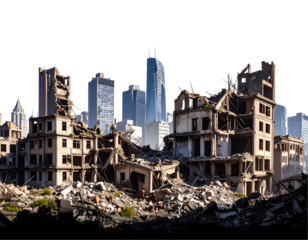 Ruined buildings juxtapose a modern cityscape, showing urban decay and contrast