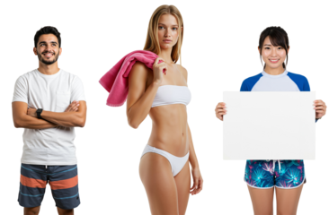 Group of Three Young Adults: Smiling South Asian Male, Slim Caucasian Female in Swimwear, and East Asian Female Holding Blank Sign on transparent background
