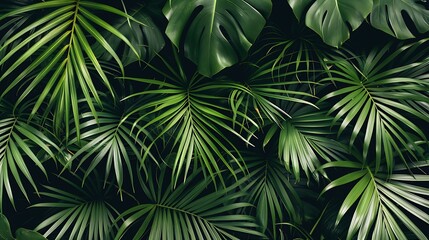 Overhead View of Lush Green Palm Leaves with Detailed Texture and Natural Background