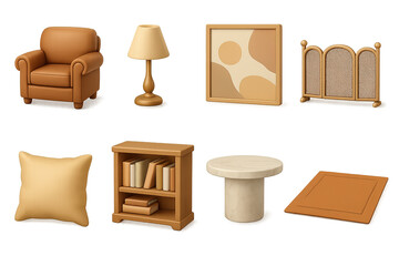 Modern furniture 3d icons set – contemporary, interior, home décor illustrations