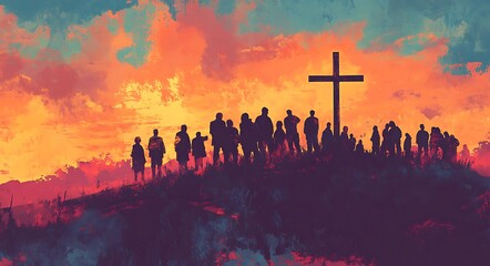 A group of people standing in silhouette around the cross on top of a hill, with the colorful sunset sky as a background, ideal for Easter messaging.