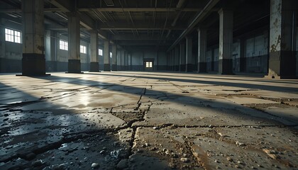 Empty Warehouse Interior with Cracked Concrete Floor and Columns