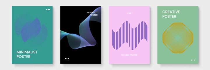 Four minimalist posters with geometric designs. Suitable for modern interior decor, graphic design projects, or trendy branding materials.