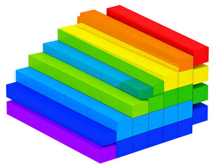 Colorful, layered blocks in rainbow hues, a 3D isometric arrangement