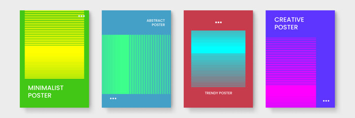 Set of four posters with minimalist colorful stripes suitable for modern interior decor or graphic design projects. Bright and eye catching designs.