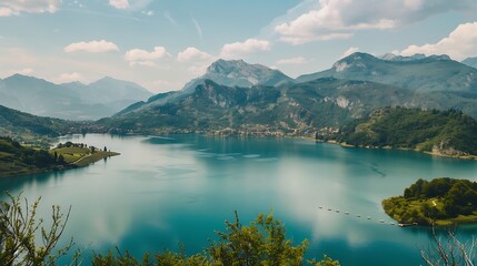 Naklejka premium Panoramic View of a Serene Lake Surrounded by Mountains and Lush Greenery