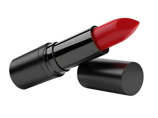 A close up of a red lipstick with a white or transparent tube and cap lying on a white or transparent background in a studio shot