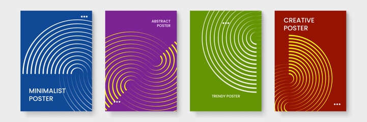 Four colorful posters with geometric patterns suitable for modern interior decoration or graphic design projects. Vibrant and eye catching designs.