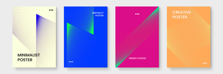 Four colorful posters featuring vibrant abstract designs with white lines. Perfect for interior decoration, marketing materials, or creative projects.