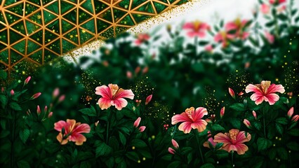 Bright pink hibiscus flowers bloom below a golden geometric structure and sparkling light
