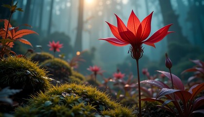 Red Flower Blooming in Forest Sunlight Serene Nature Scene
