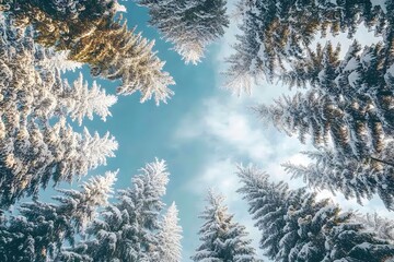 Snow-covered evergreen forest with sun rays shining through trees winter landscape under clear blue sky