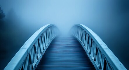 A fog-covered pedestrian bridge leading into an eerie and cinematic scene.