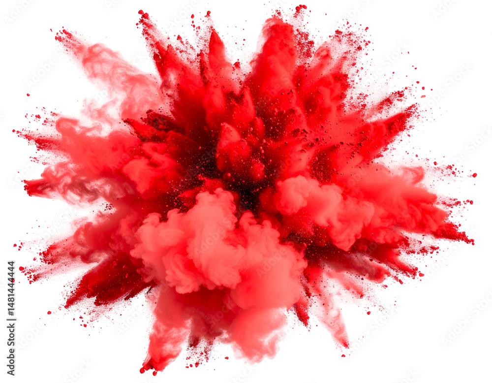 Poster a vibrant explosion of red and white powder, creating a dynamic, abstract cloud-like form