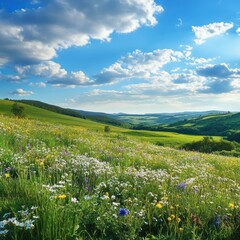 Fototapeta premium Vibrant Wildflower Meadow on Rolling Hills under a Sunny Blue Sky