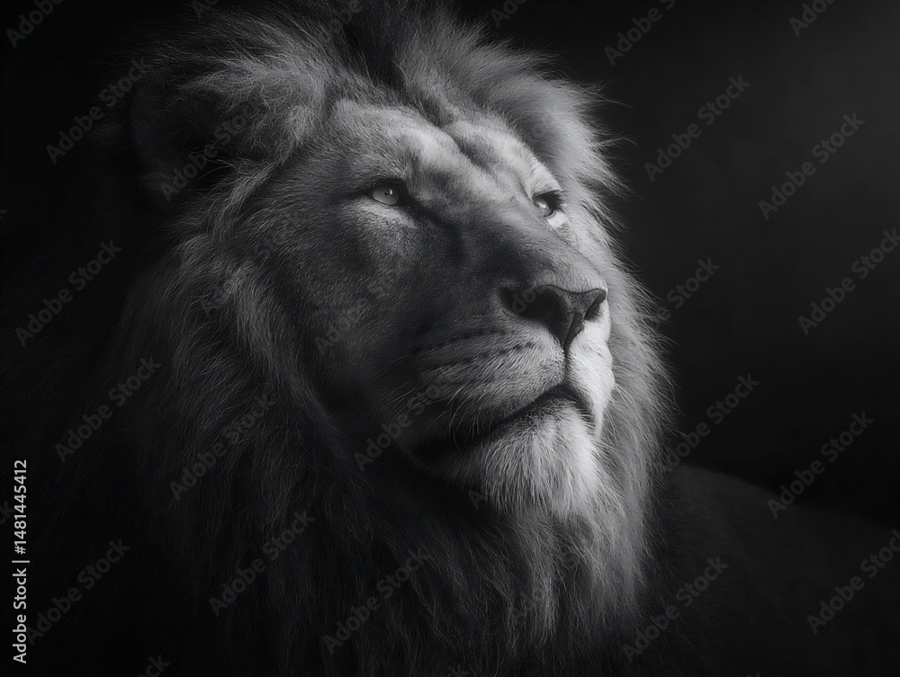 Poster a high-contrast black and white photograph focusing on the intricate details of a lion's mane, creat