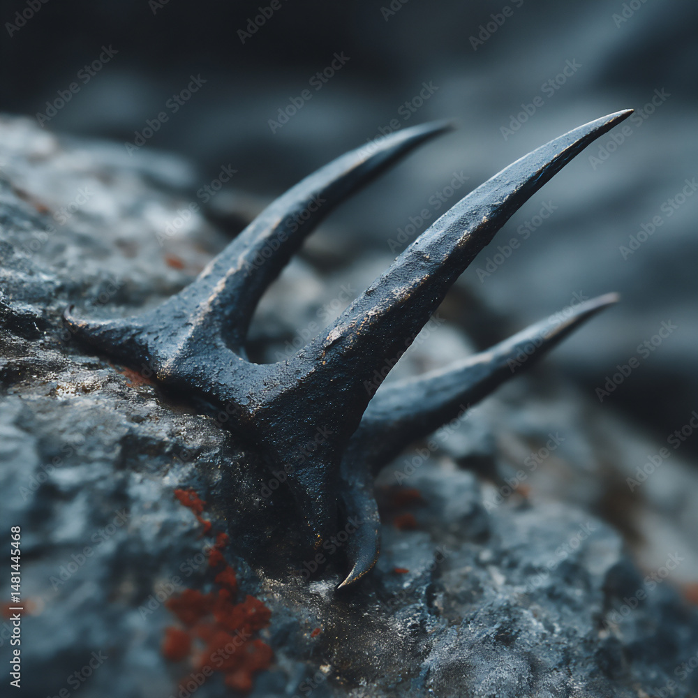 Poster a macro photograph of a lion's sharp claws extended on a rough tree bark, showcasing their texture a