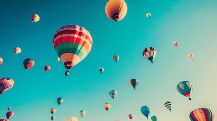 Obraz premium Pixel Art Style Hot Air Balloons Floating In A Vibrant Blue Sky