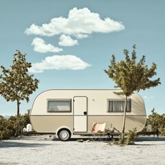Vintage Beige Caravan Parked Outdoors Under a Blue Sky