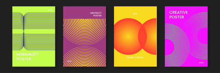 Set of four minimalist posters with geometric patterns suitable for modern interior decor, art prints, digital backgrounds, and website design.