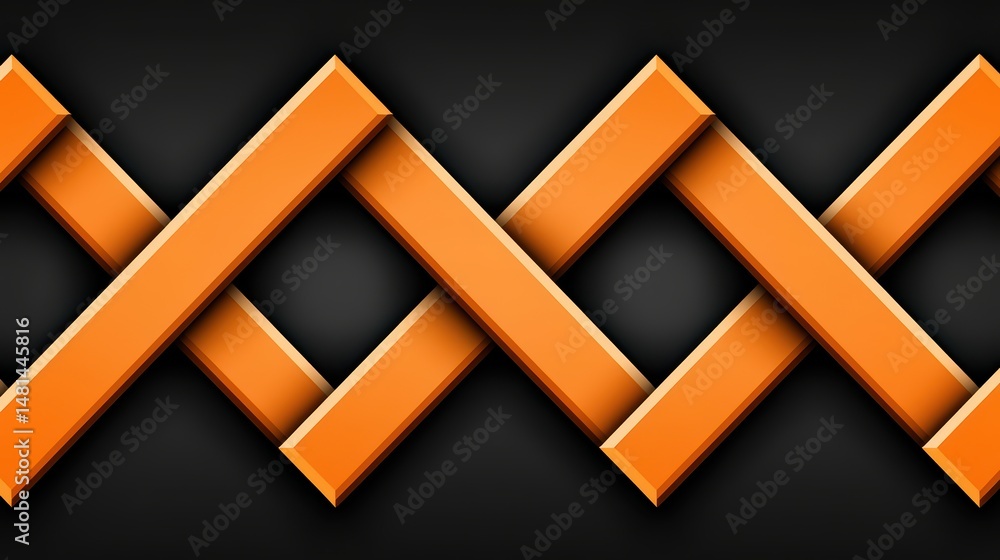Poster abstract geometric pattern with interlocking orange shapes on a black background.