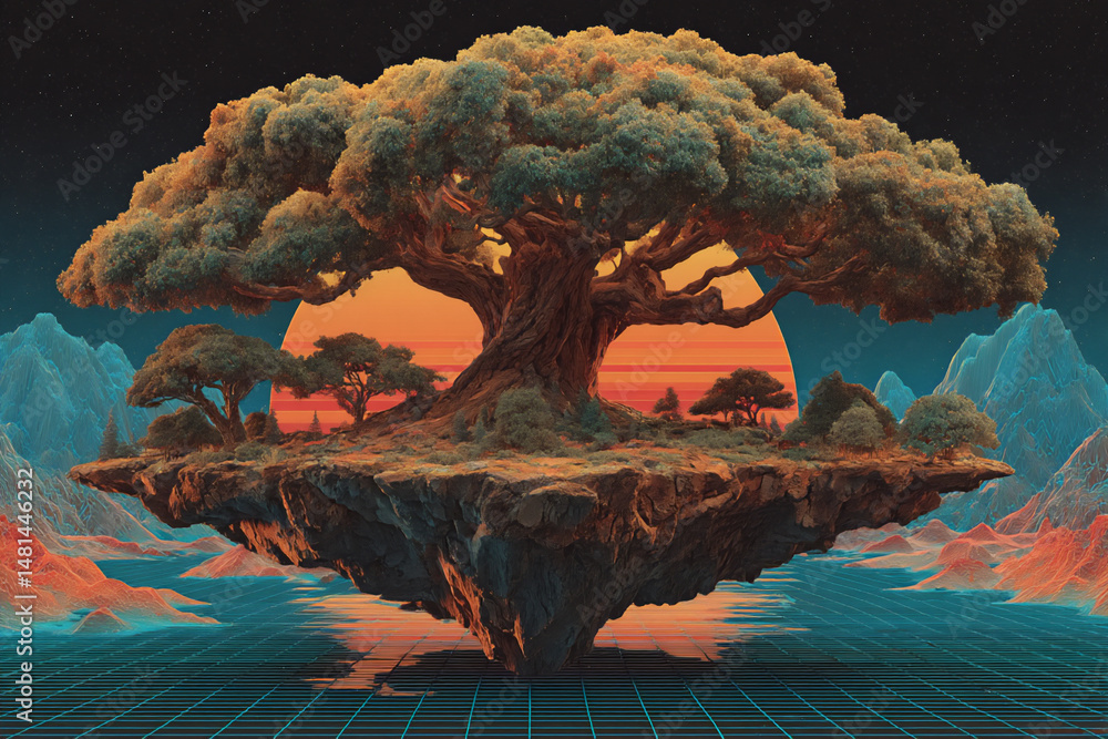 Poster a low-angle 3d rendering of a tall, tree-covered floating island rising above the reflective grid pl