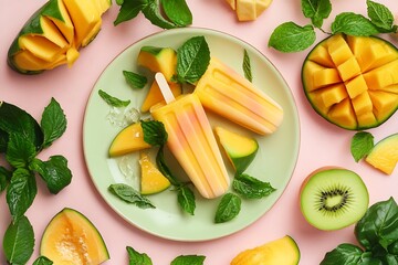 Mango and cantaloupe popsicles surrounded by fresh fruit and mint