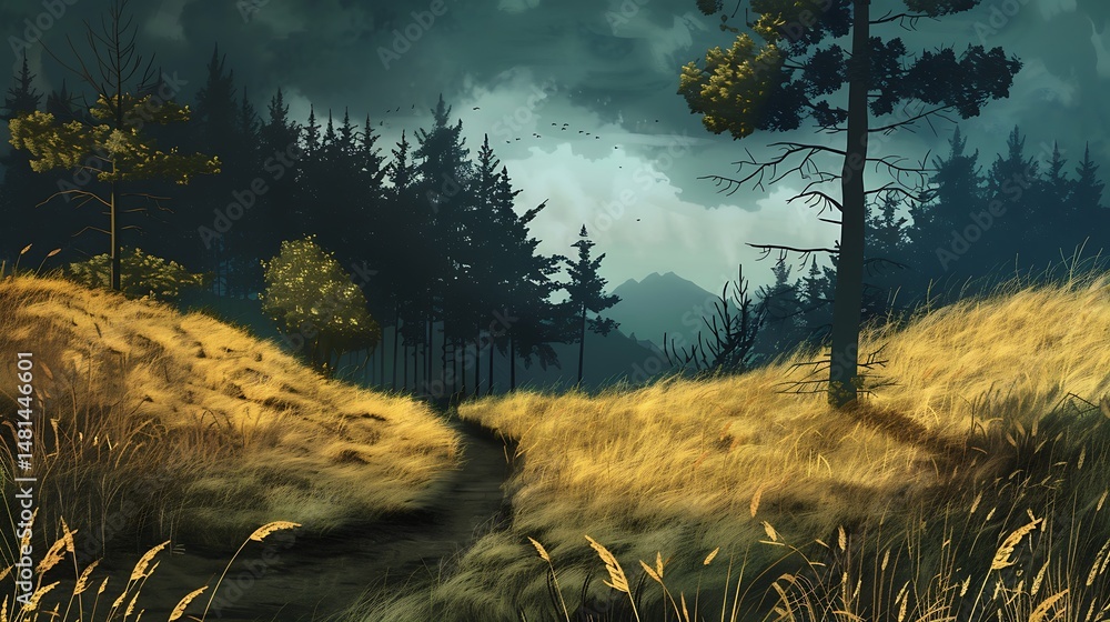 Poster pixelated forest landscape with path through golden field and dark trees