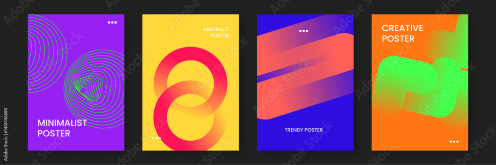 Poster four colorful abstract posters with vibrant shapes and patterns, perfect for adding flair to a moder
