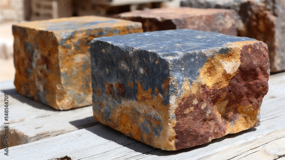 Poster a macro photograph highlighting the rough texture and patterns of the large stone blocks that make u
