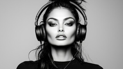 Stylish Woman in Headphones: Black and White Portrait