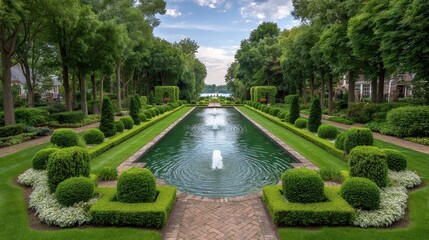 Formal Garden with Reflecting Pool and Manicured Hedges under a Partly Cloudy Sky