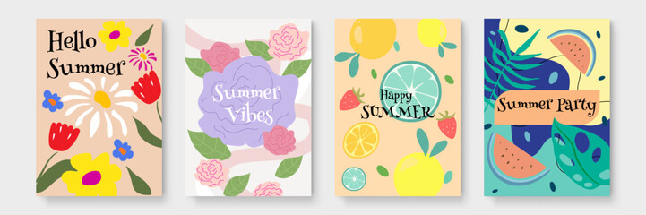 Four summer themed cards suitable for various occasions with floral designs. Perfect for greeting cards, invitations, and social media posts.