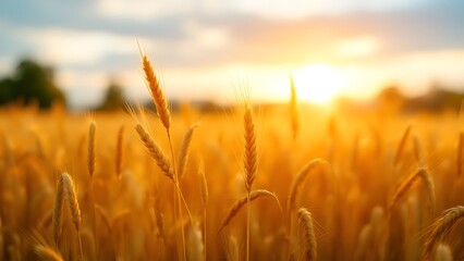 Golden wheat spikes glowing in warm sunlight. Ideal for agricultural themes, nature blogs, organic product ads, seasonal posters, and rural lifestyle content