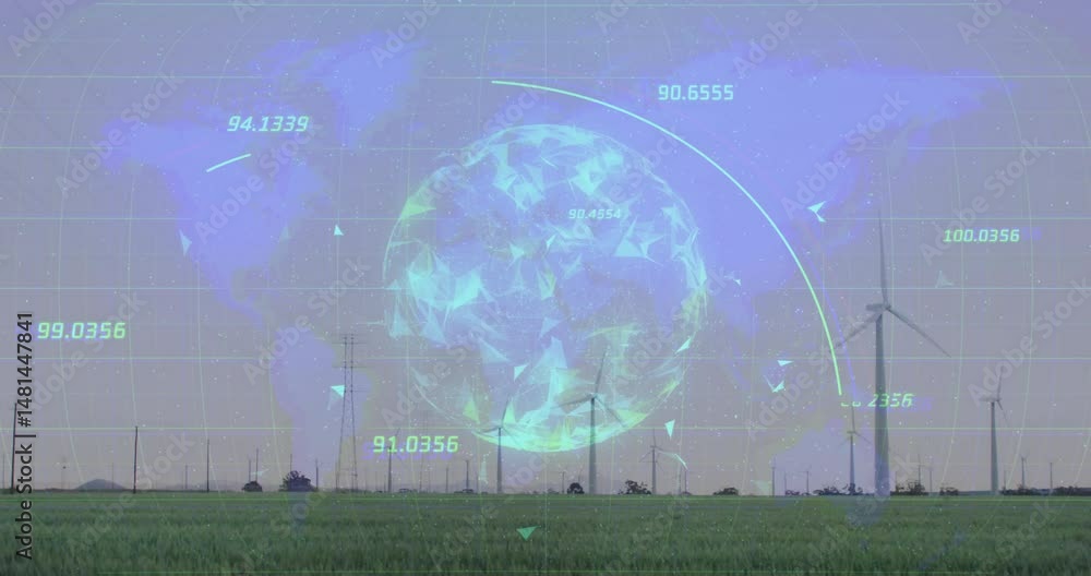 Poster polygonal globe graphic floating over green field, revealing wind turbines and flowing data lines