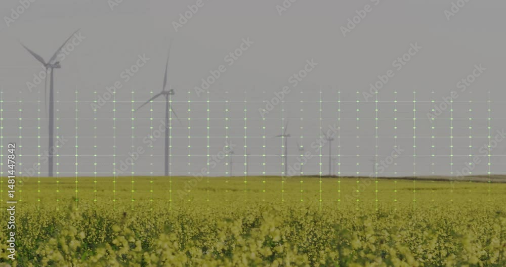Poster visualizing neon green fluctuating line graph overlaying yellow flowering field with wind turbines