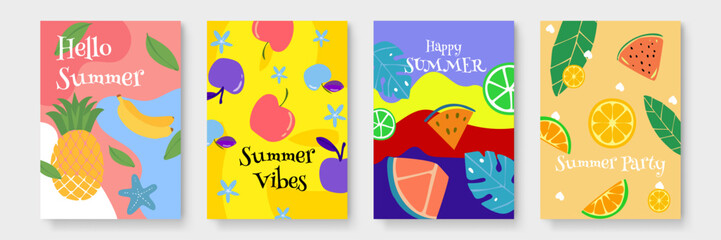 Colorful cards featuring fruit and summer themes; perfect for social media posts, invitations, or greeting cards for the season.