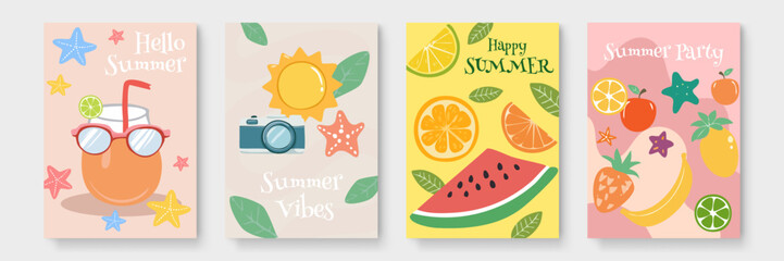 Set of four colorful summer cards with fruit stars and text, perfect for greeting cards, invitations, and stationery. Great for summer themed projects.