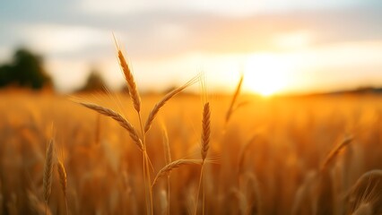 Fototapeta premium Golden wheat spikes glowing in warm sunlight. Ideal for agricultural themes, nature blogs, organic product ads, seasonal posters, and rural lifestyle content
