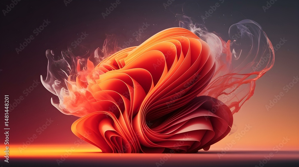 Poster abstract flowing orange shape: ethereal swirl with smoke effect for modern design and backgrounds