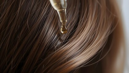 Golden serum drips onto brunette hair