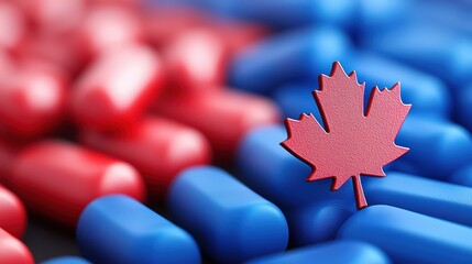 Red and blue capsules with a red maple leaf symbol, representing Canadian pharmaceuticals or healthcare.