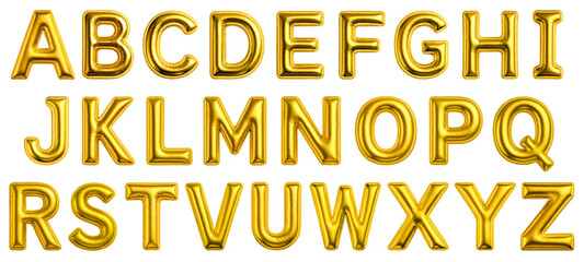Gold Inflated Balloon Alphabet A–Z Isolated on Transparent Background