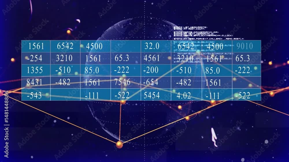 Poster numeric data grid floating over wireframe globe, highlighting glowing nodes and drifting code text