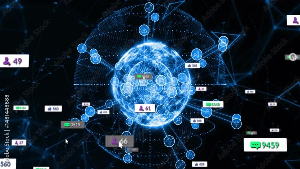 Poster glowing blue network globe radiating thin lines connecting floating circular icons, rendered in 3d