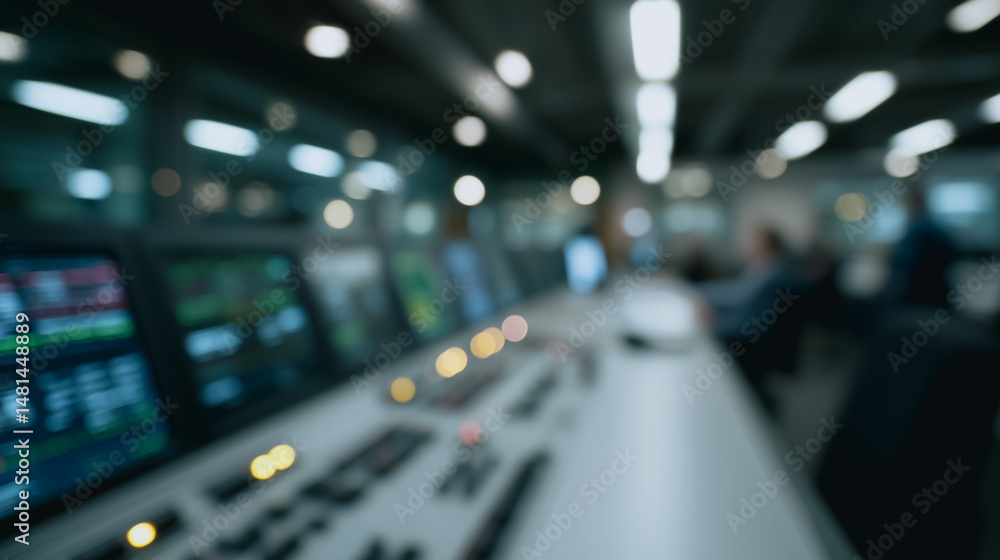 Poster blurred control room: inside a state-of-the-art control room, where a soft blur reveals the intricat