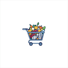 Abstract Vector Logo Icon Illustration of a Shopping Cart Filled with Groceries for Retail and Supermarket Branding